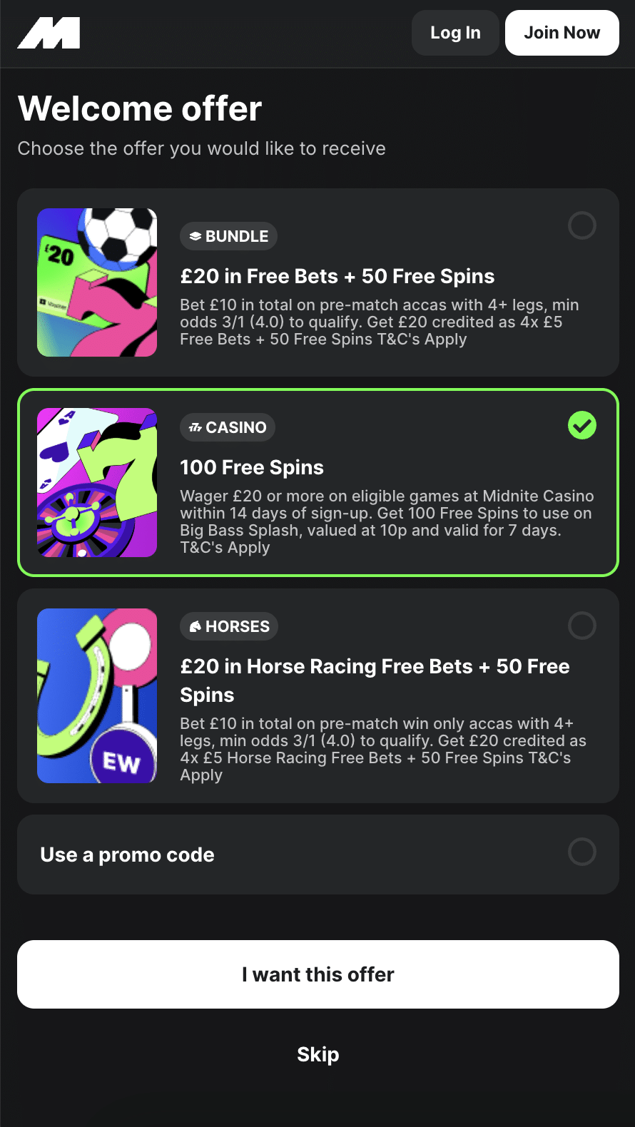 Midnite casino sign up offer