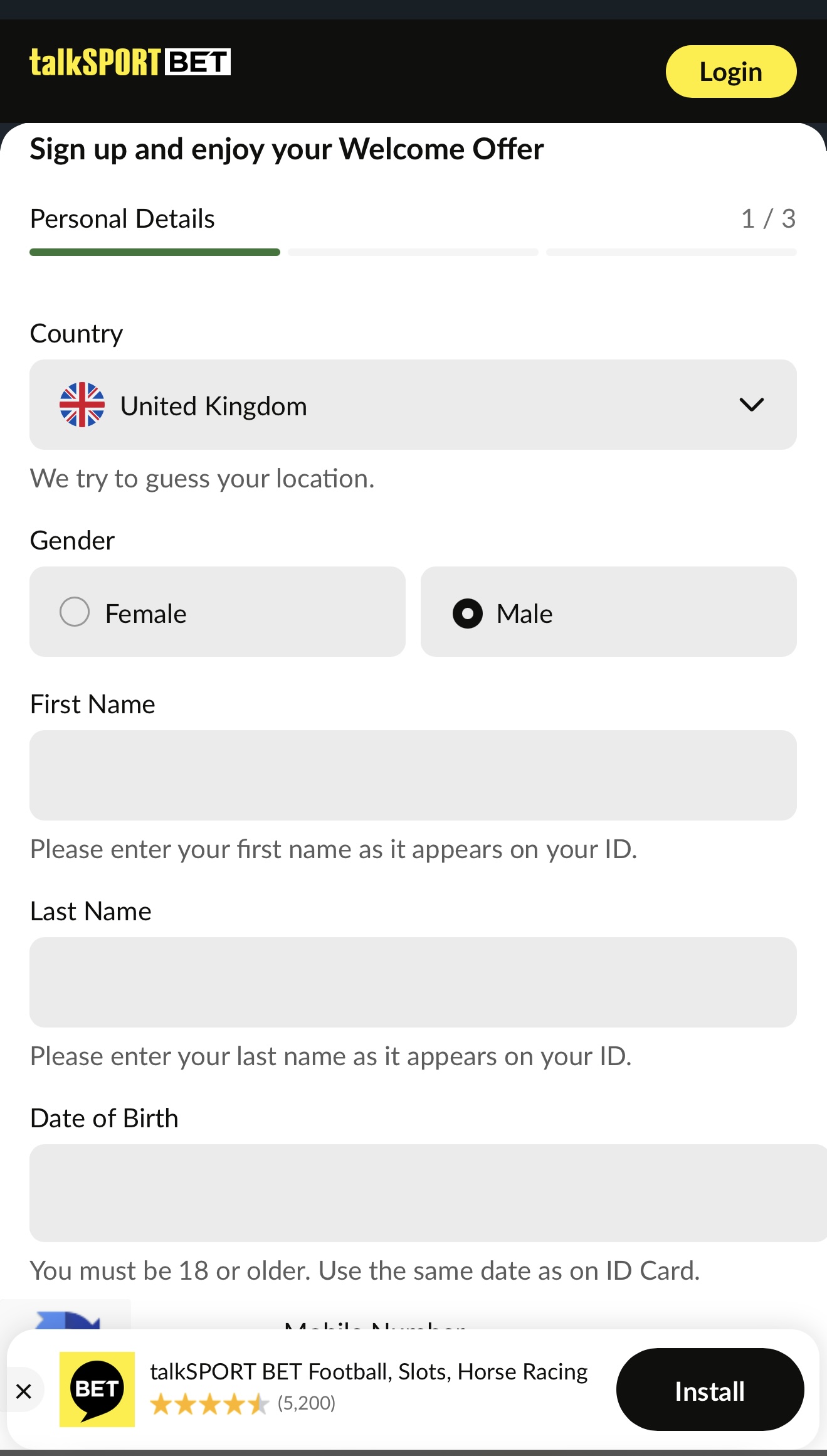 Talksport bet: Register on mobile