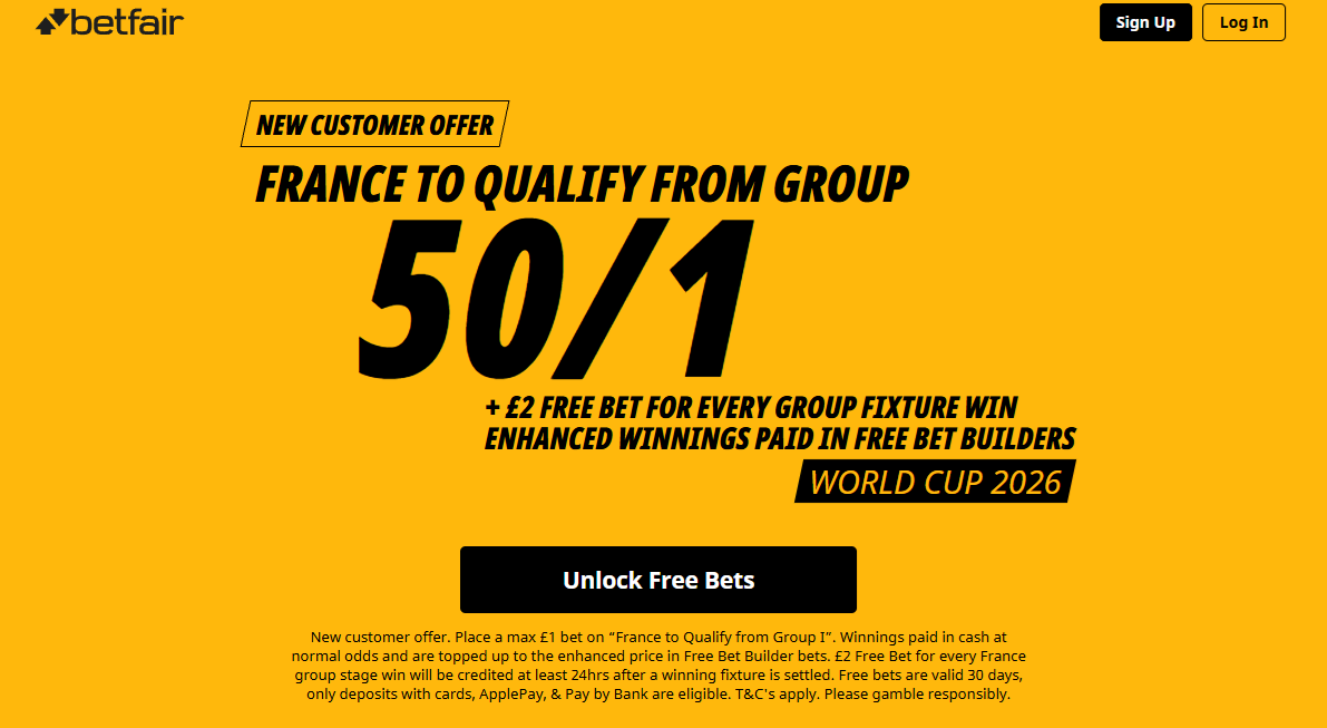 Betfair sign up offer: Get up to £106 on France vs Senegal in World Cup Group I